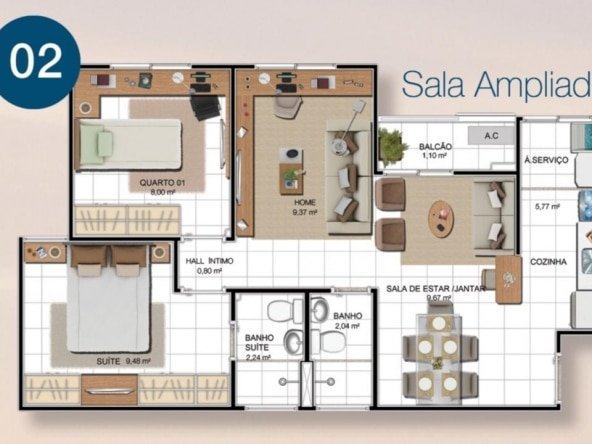 Residencial Predilleto Ponta Negra, planta de 2 quartos + gabinete com sala ampliada